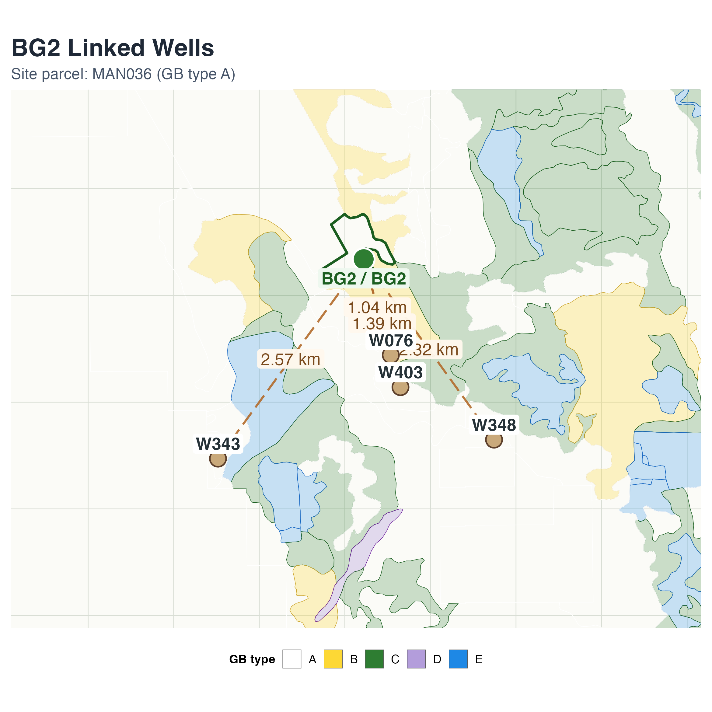 Static map showing Bairs/Georges Monitoring Site #2 and linked wells W076, W403, W343, and W348