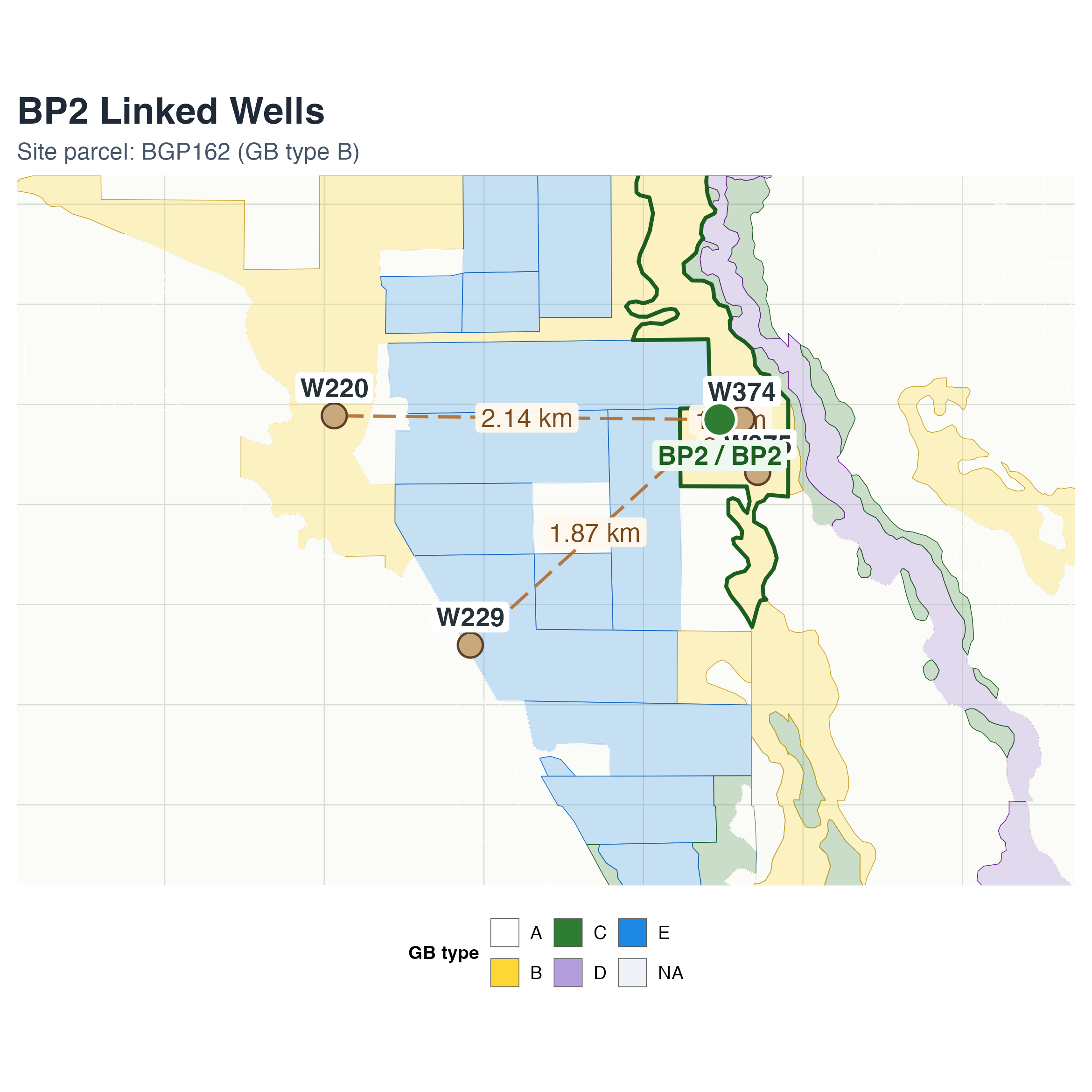 Static map showing Big Pine Monitoring Site #2 and linked wells W220, W229, W374, and W375