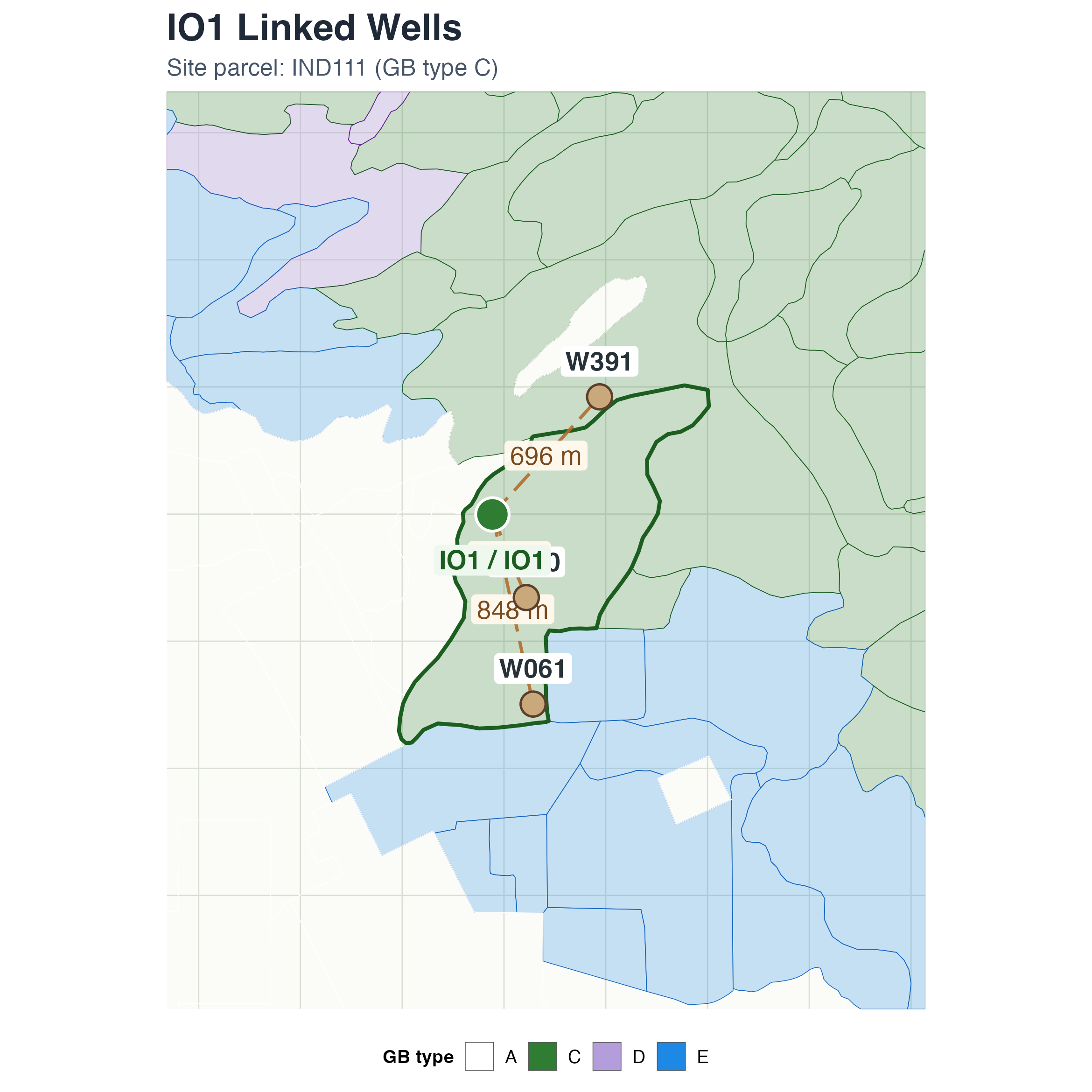 Static map showing Independence/Oak Monitoring Site #1 and linked wells W061, W391, and W400