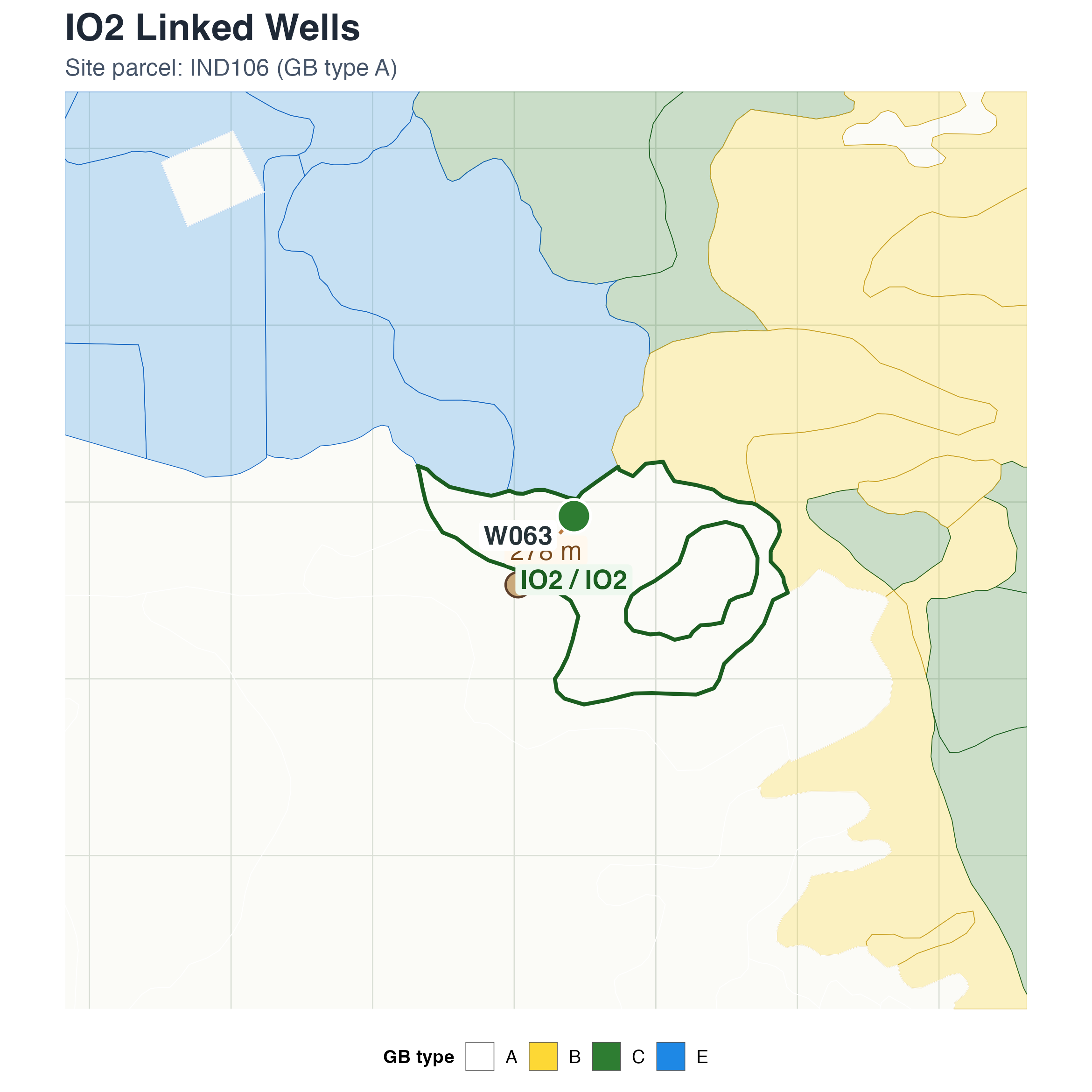 Static map showing Independence/Oak Monitoring Site #2 and linked well W063