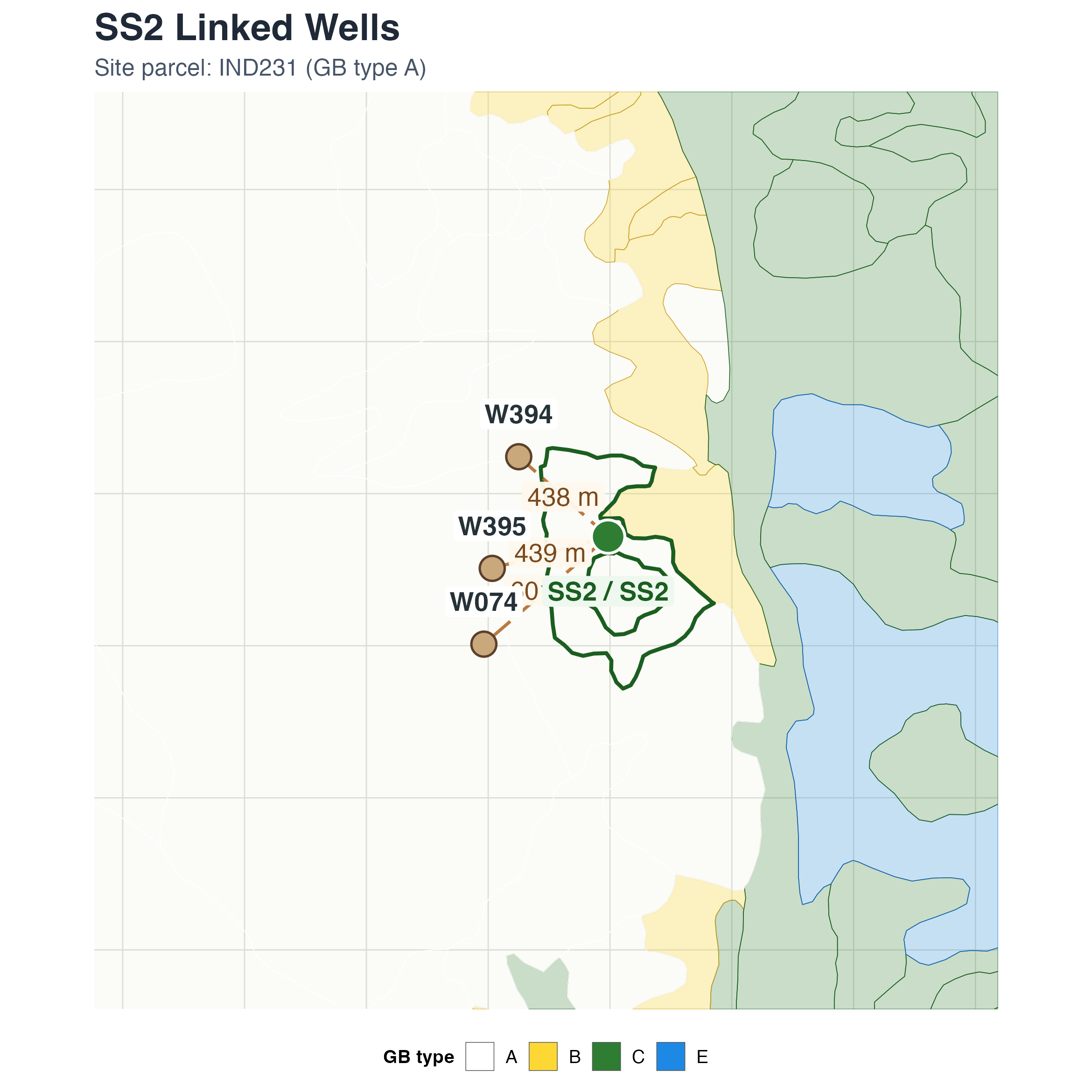 Static map showing Symmes/Shepherd Monitoring Site #2 and linked wells W074, W394, and W395