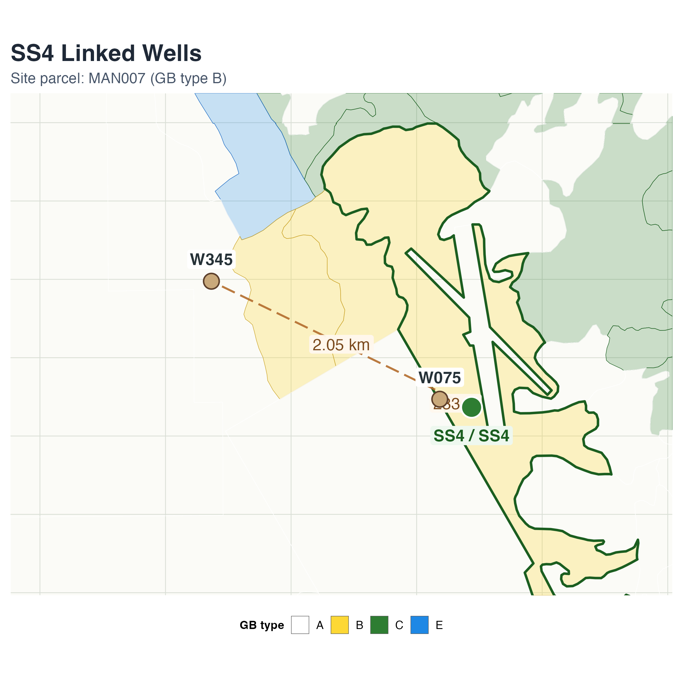Static map showing Symmes/Shepherd Monitoring Site #4 and linked wells W075 and W345