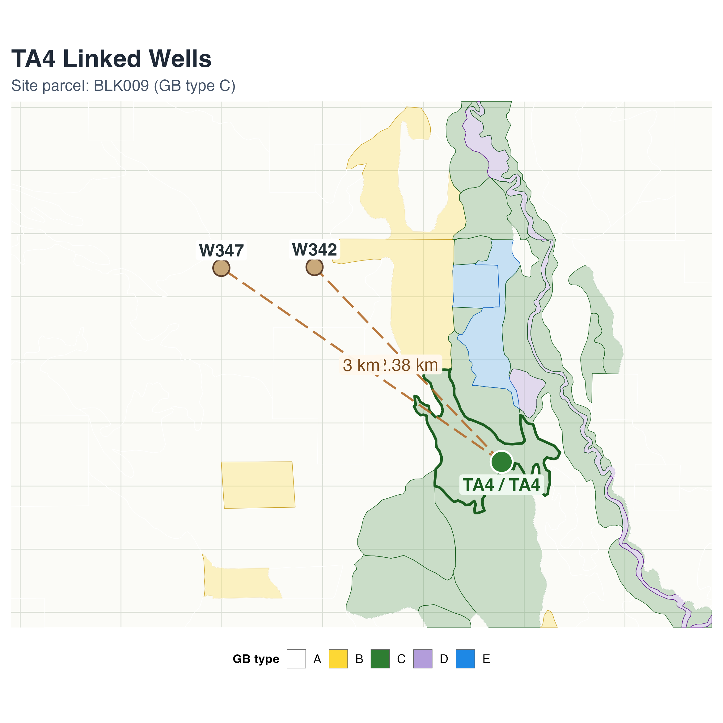 Static map showing Taboose/Aberdeen Monitoring Site #4 and linked wells W342 and W347