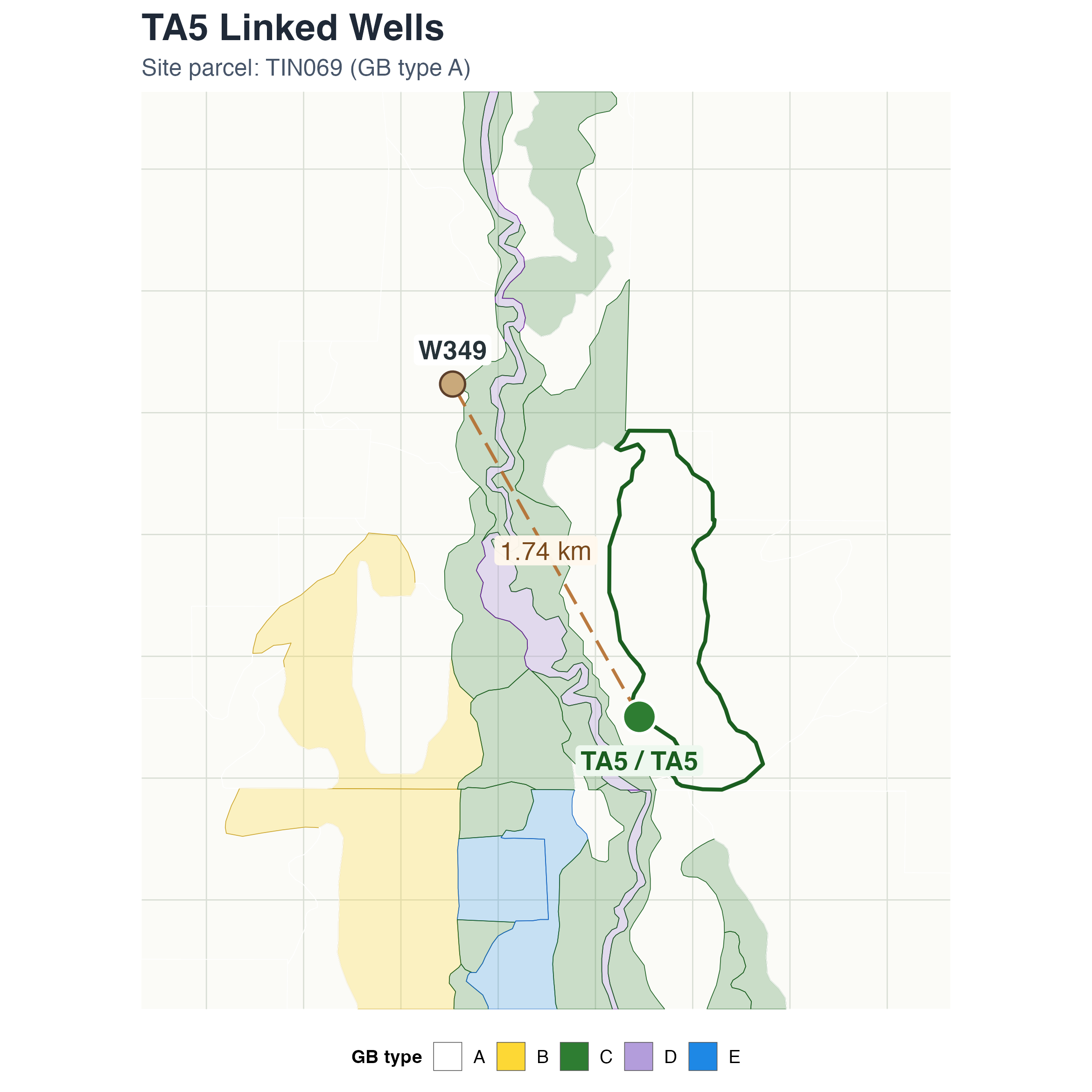 Static map showing Taboose/Aberdeen Monitoring Site #5 and linked well W349