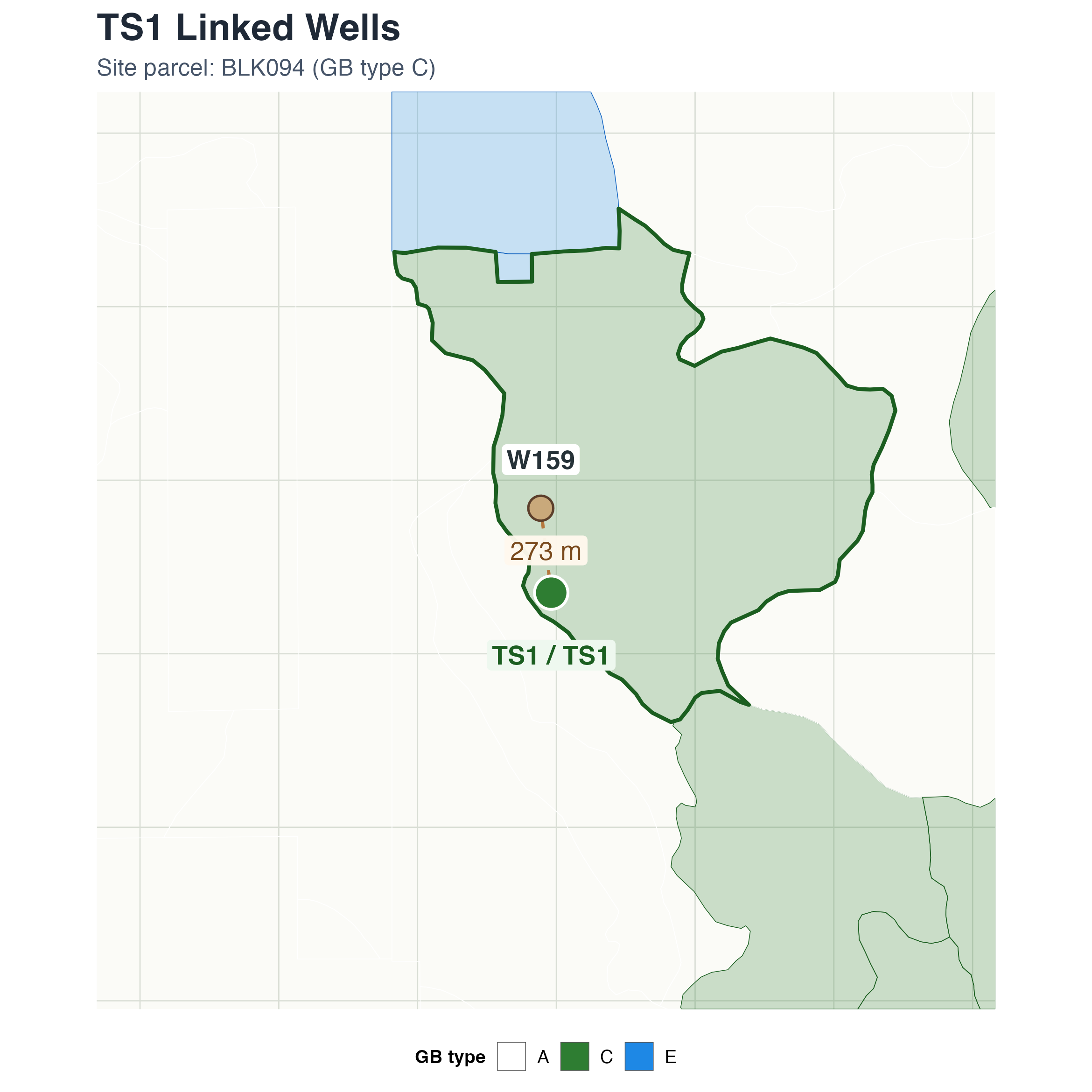 Static map showing Thibaut/Sawmill Monitoring Site #1 and linked well W159