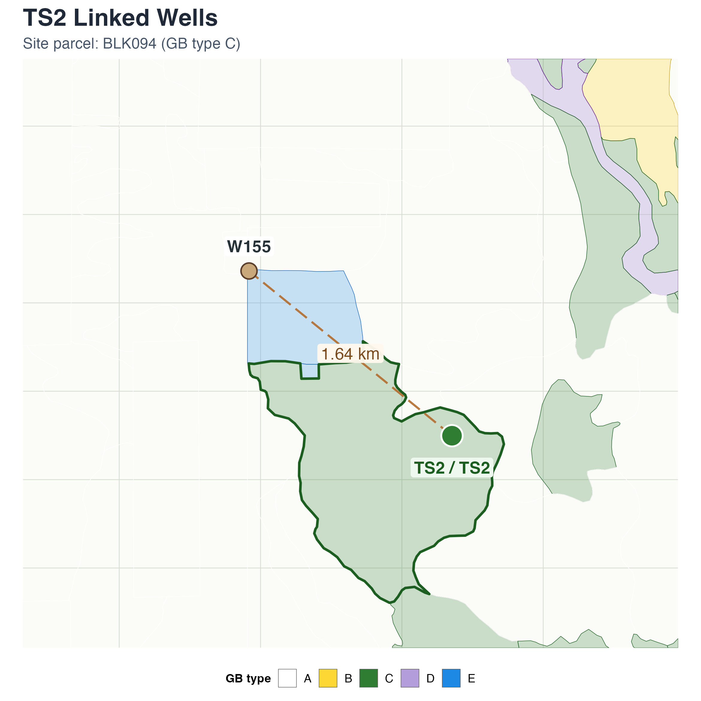 Static map showing Thibaut/Sawmill Monitoring Site #2 and linked well W155