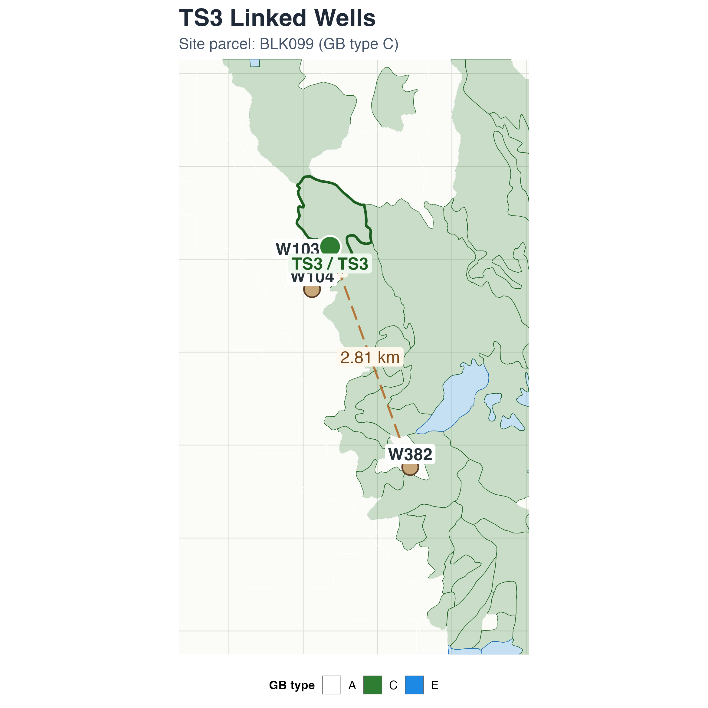 Static map showing Thibaut/Sawmill Monitoring Site #3 and linked wells W103, W104, and W382